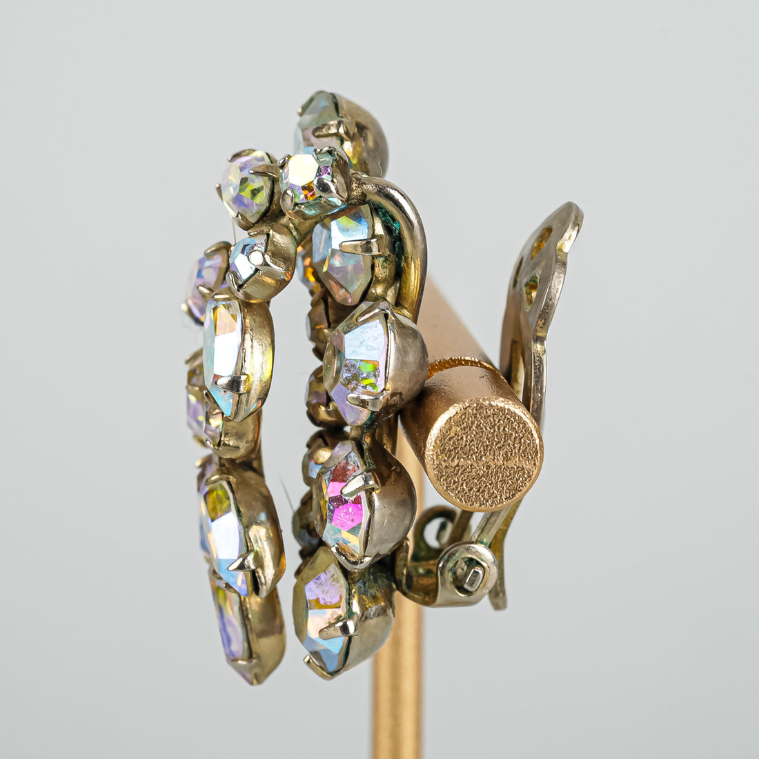 SHERMAN Gold Tone Aurora Borealis Clear Rhinestones Clip On Earrings