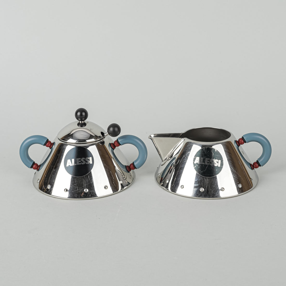 ALESSI Michael Graves Stainless Steel Cream & Covered Sugar w/Spoon Blue