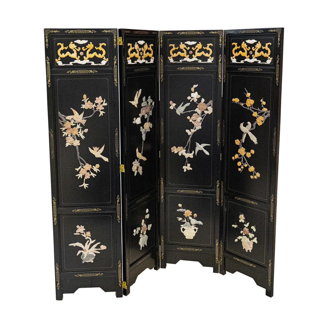 Four Panel Asian Screen With Stone Overlay