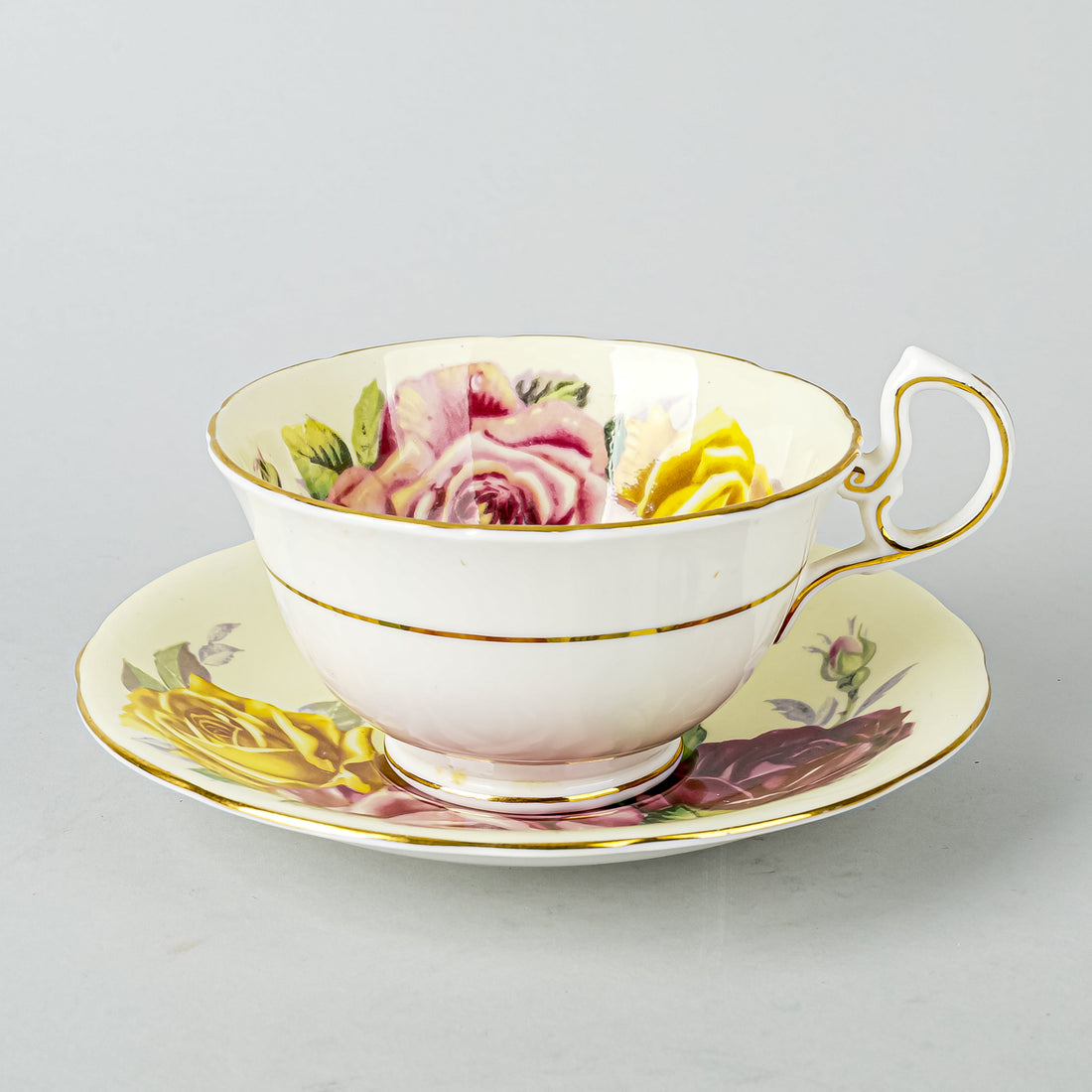 AYNSLEY Cup & Saucer C1067 Cabbage Roses With Yellow Ground