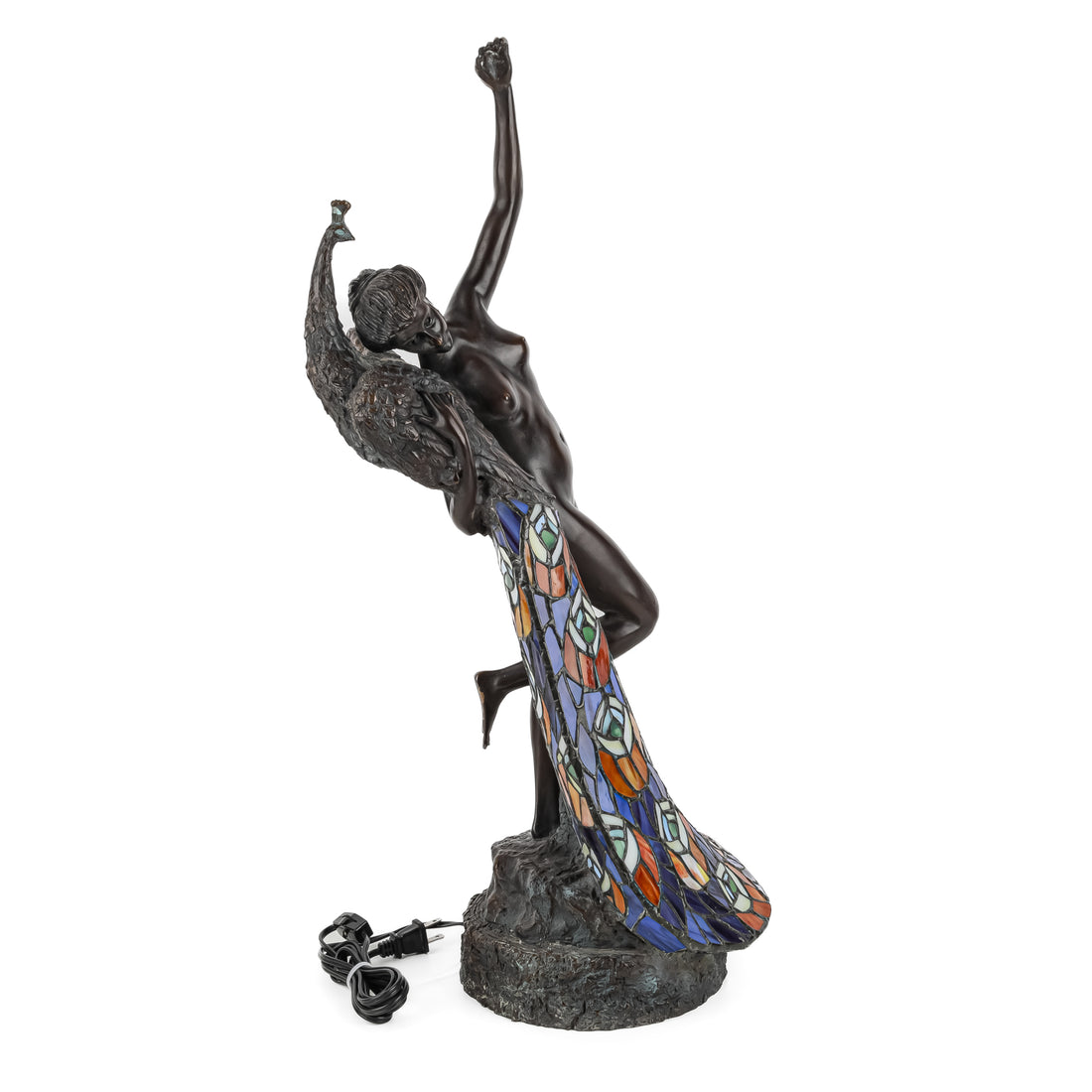 Bronze And Stained Glass Nude With Peacock Lamp