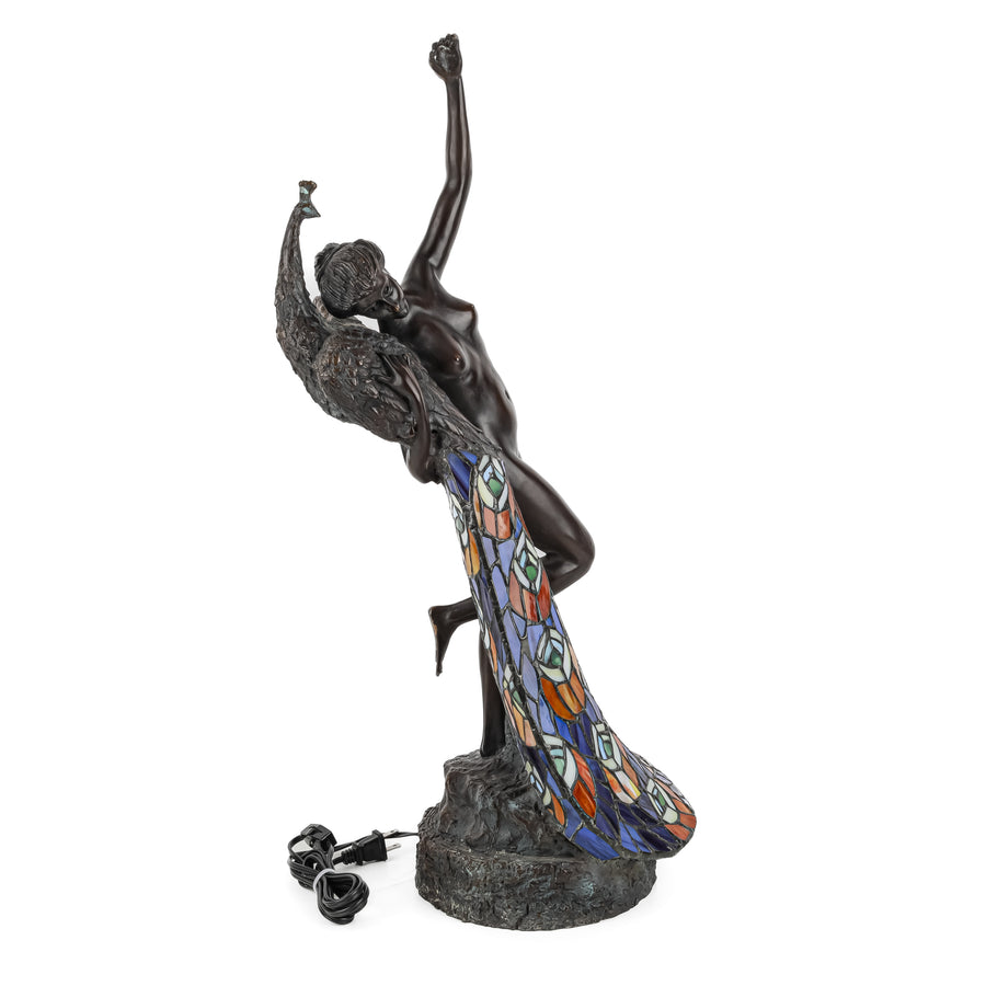 Bronze And Stained Glass Nude With Peacock Lamp