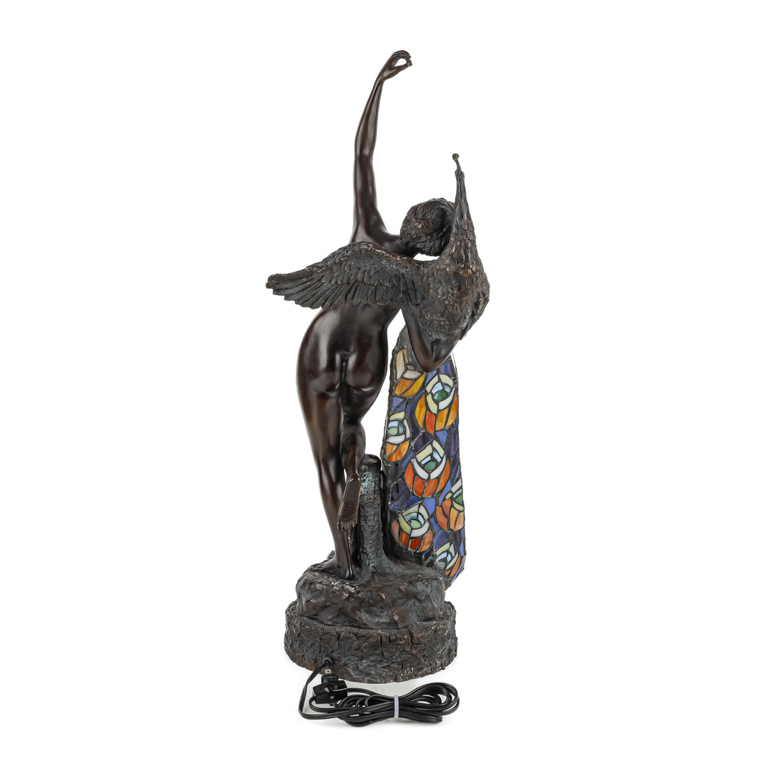 Bronze And Stained Glass Nude With Peacock Lamp