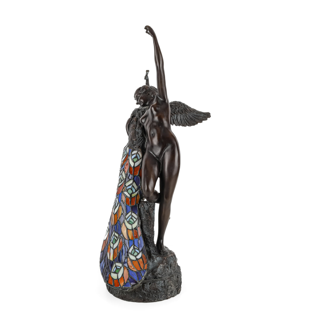 Bronze And Stained Glass Nude With Peacock Lamp