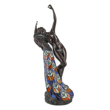 Bronze And Stained Glass Nude With Peacock Lamp