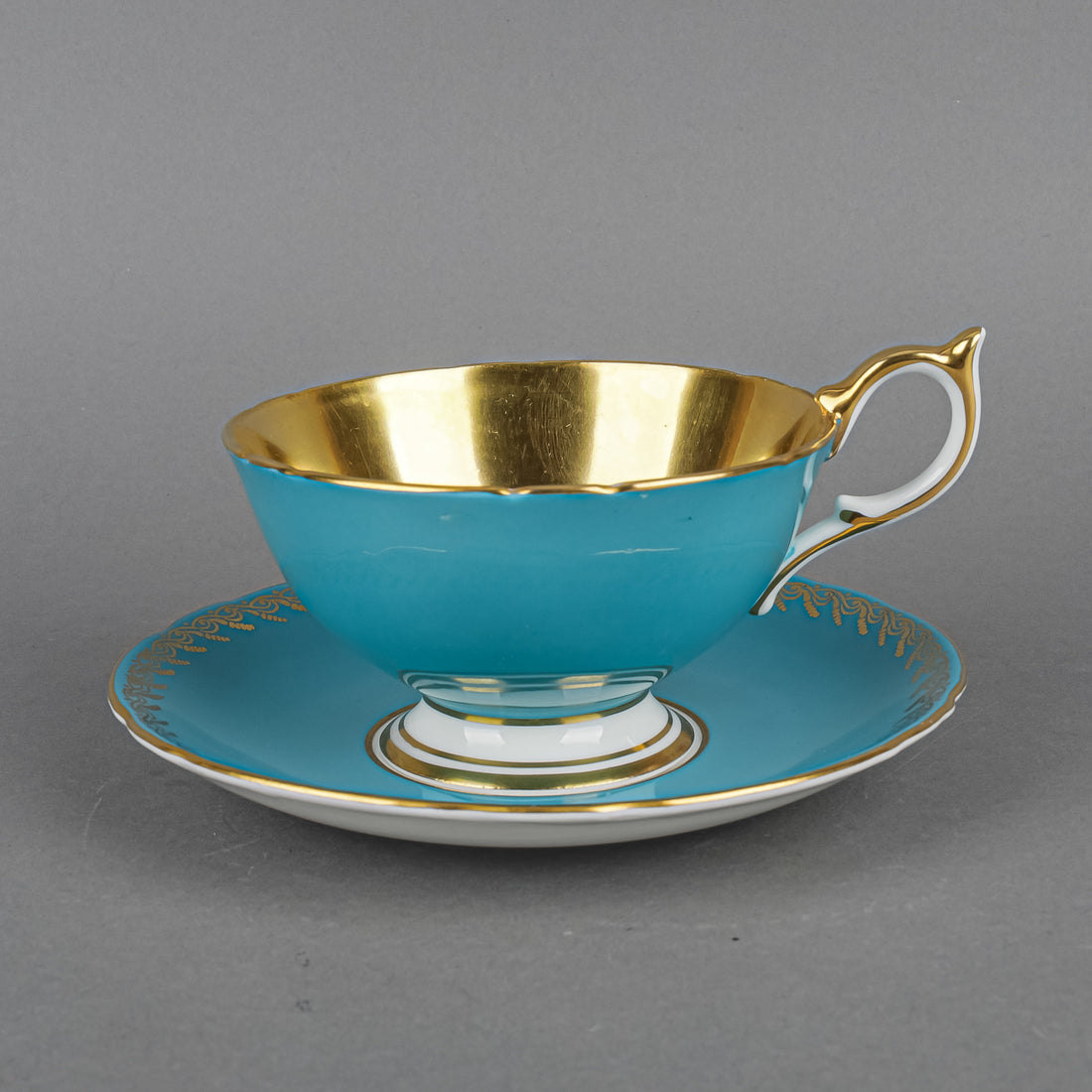 AYNSLEY Cup & Saucer D.Jones Orchard Fruit - Turquoise Ground