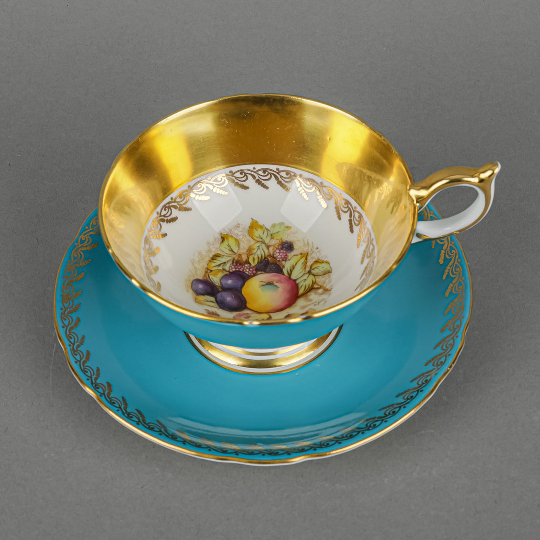AYNSLEY Cup & Saucer D.Jones Orchard Fruit - Turquoise Ground