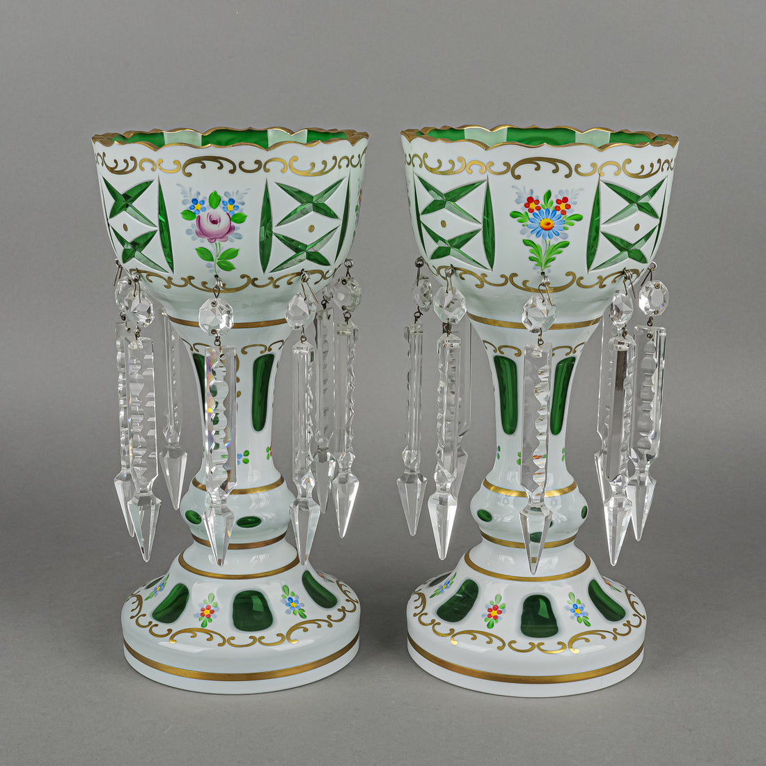 Bohemian Style Hand Painted White Cased Green Glass Lustres Set Of 2
