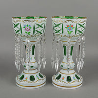 Bohemian Style Hand Painted White Cased Green Glass Lustres Set Of 2