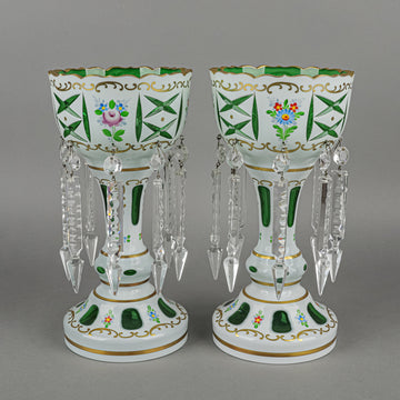 Bohemian Style Hand Painted White Cased Green Glass Lustres Set Of 2