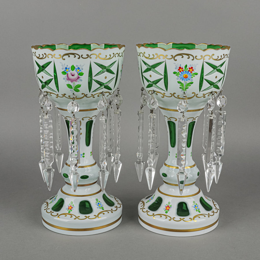 Bohemian Style Hand Painted White Cased Green Glass Lustres Set Of 2