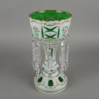 Bohemian Style Hand Painted White Cased Green Glass Lustres Set Of 2