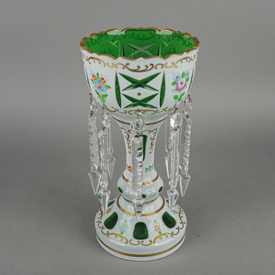 Bohemian Style Hand Painted White Cased Green Glass Lustres Set Of 2