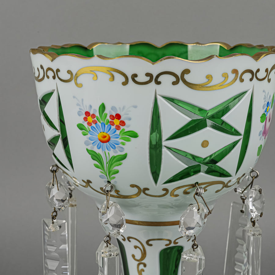 Bohemian Style Hand Painted White Cased Green Glass Lustres Set Of 2