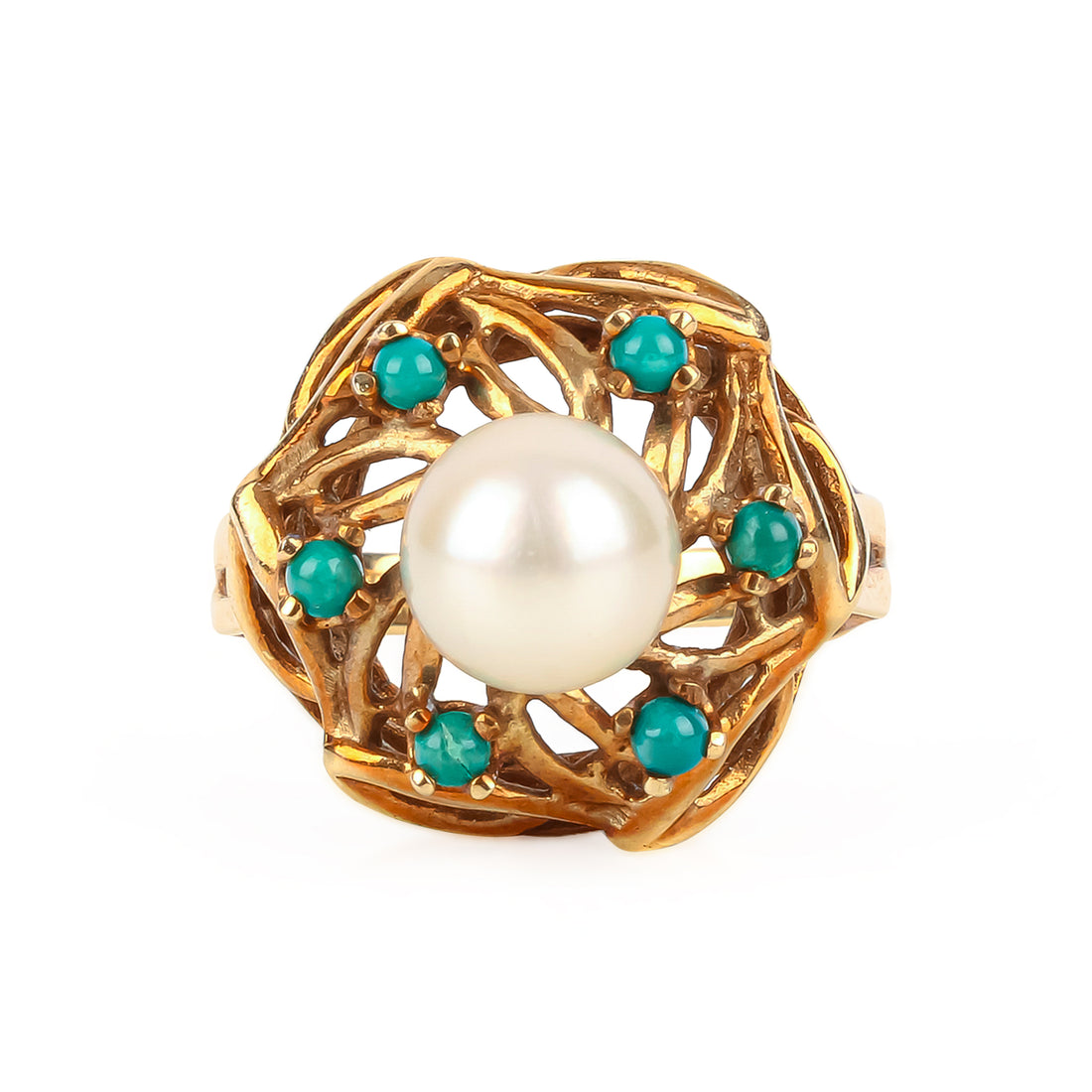 10K Yellow Gold Pearl & Turquoise Ring