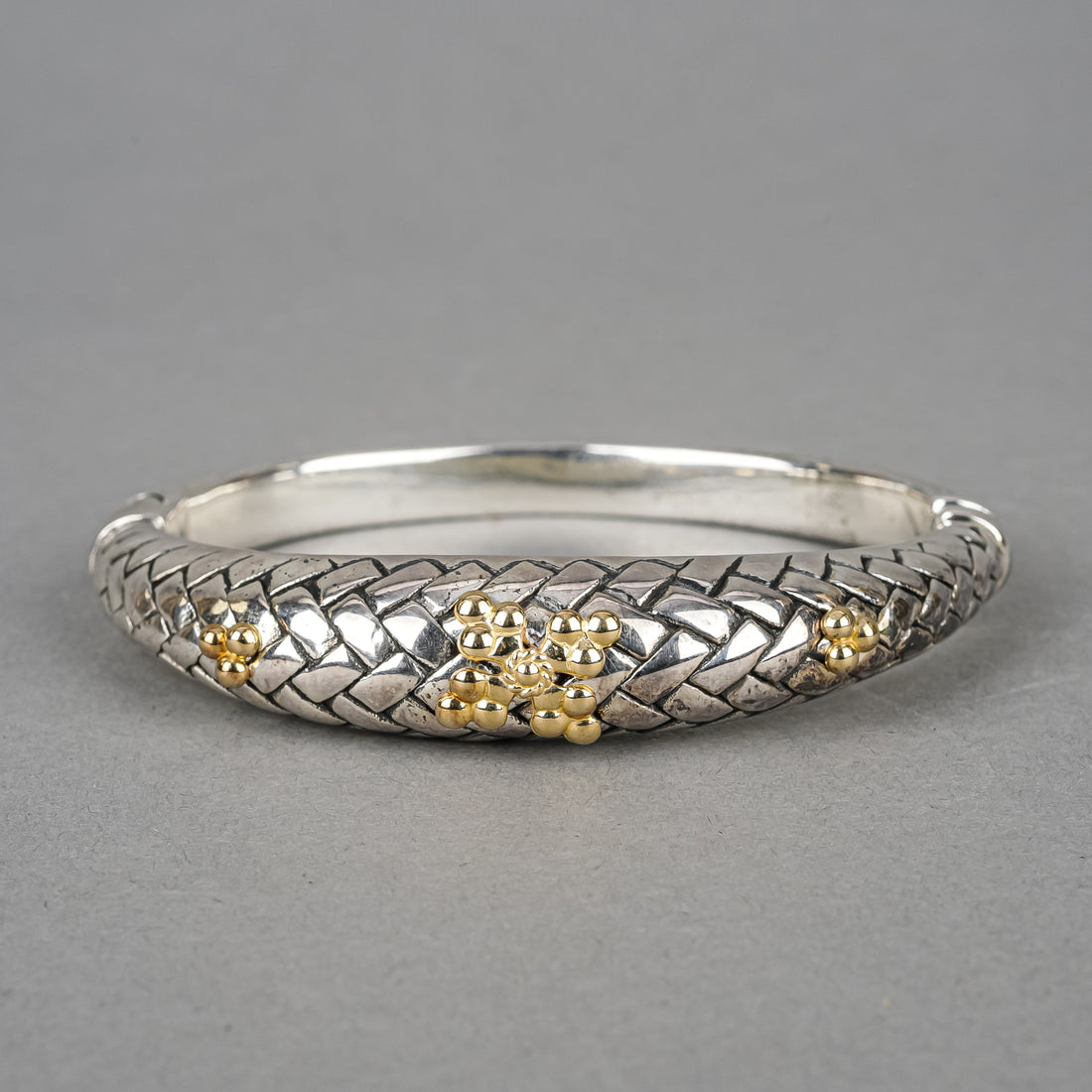 Sterling Silver And 14K Basketweave Hinged Bangle