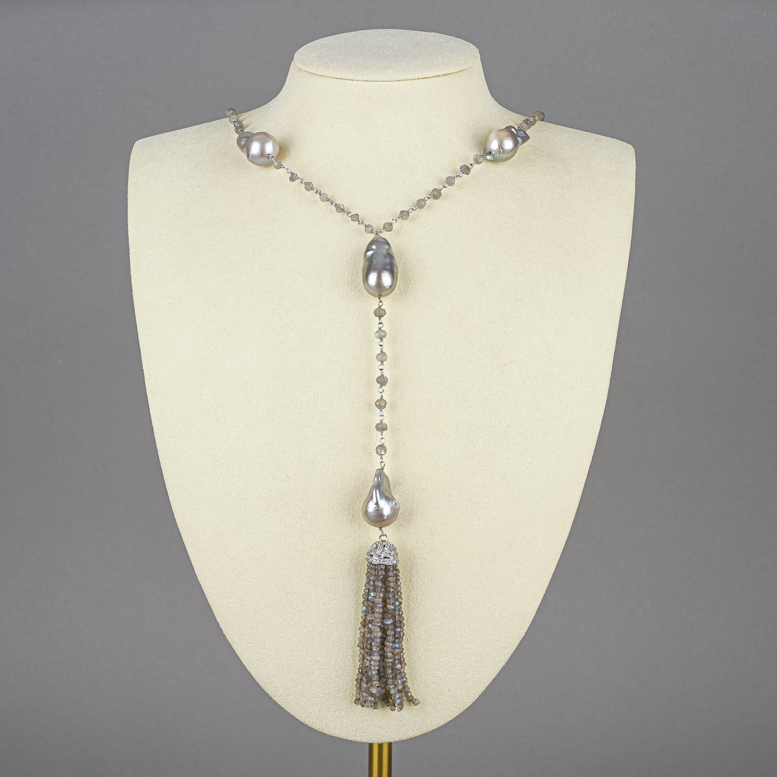 Sterling Moonstone Rondelle Baroque Pearl Tassel Necklace