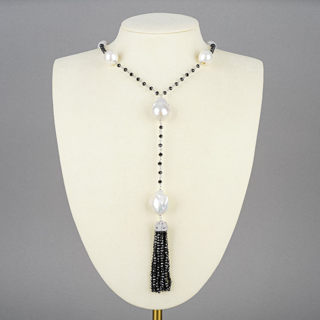 Sterling Onyx Rondelle Baroque Pearl Tassel Necklace