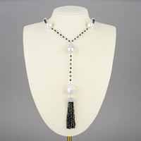 Sterling Onyx Rondelle Baroque Pearl Tassel Necklace