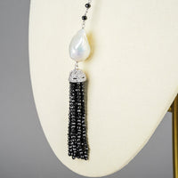 Sterling Onyx Rondelle Baroque Pearl Tassel Necklace