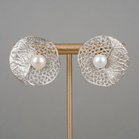 Sterling Pearl Textured Disc Earrings
