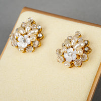 MIRIAM HASKELL Gold Tone Faux Pearl Carved Flower Studs