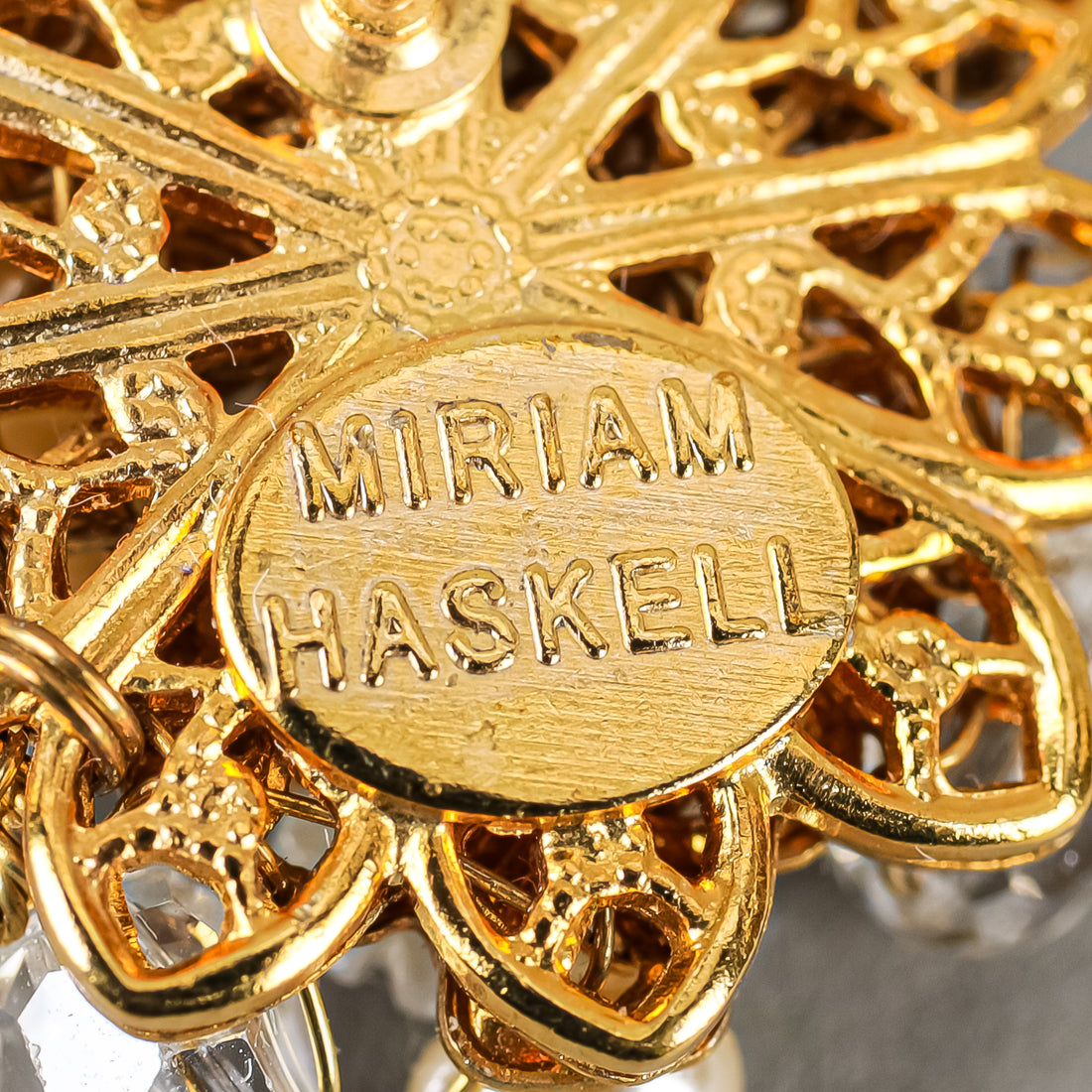 MIRIAM HASKELL Gold Tone Faux Pearl Carved Flower Studs