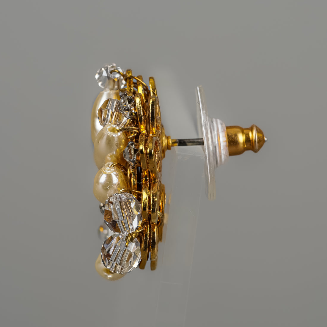 MIRIAM HASKELL Gold Tone Faux Pearl Carved Flower Studs