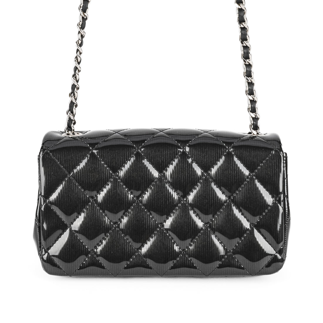 CHANEL Dark Grey Striated Patent Leather Extra Mini Flap Bag
