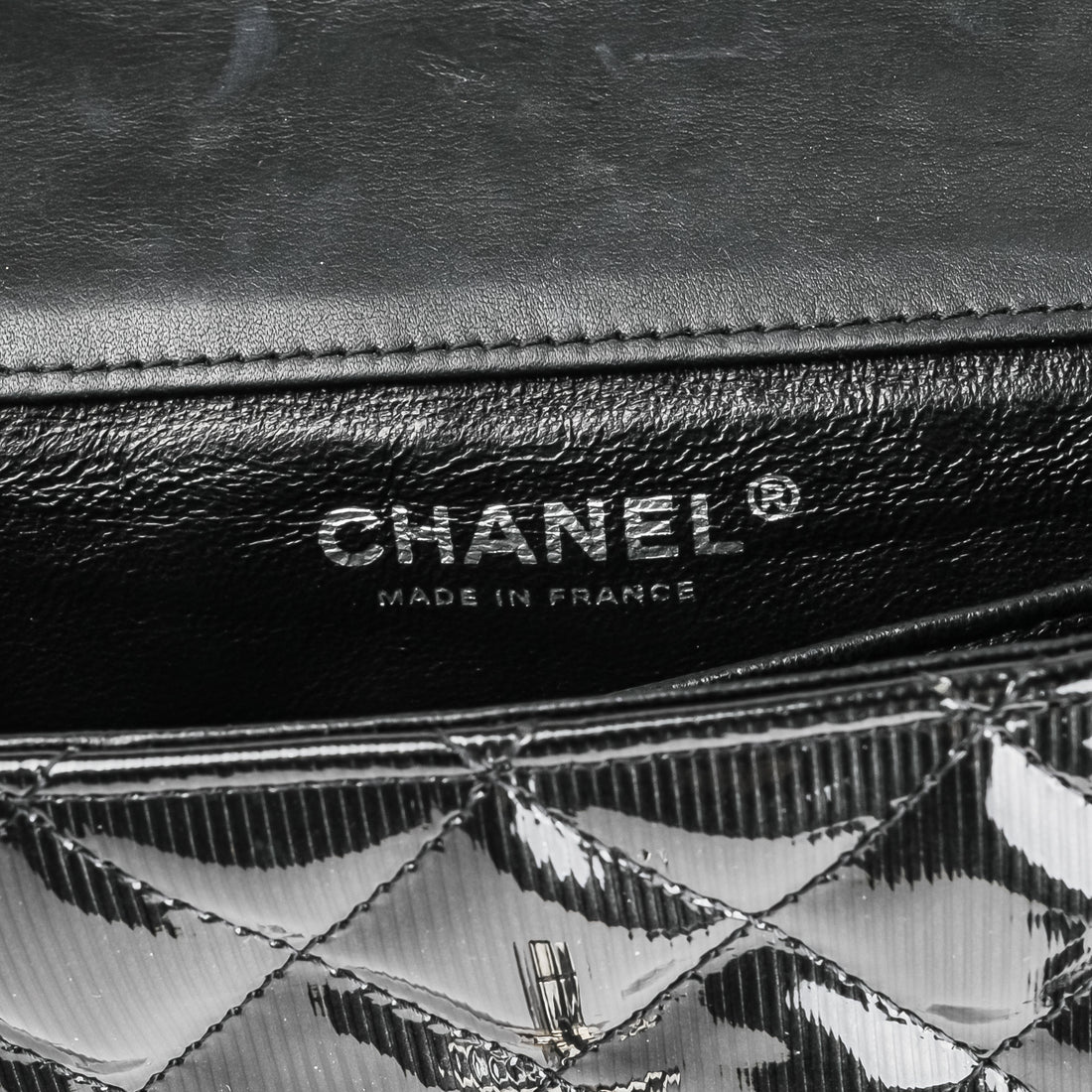 CHANEL Dark Grey Striated Patent Leather Extra Mini Flap Bag