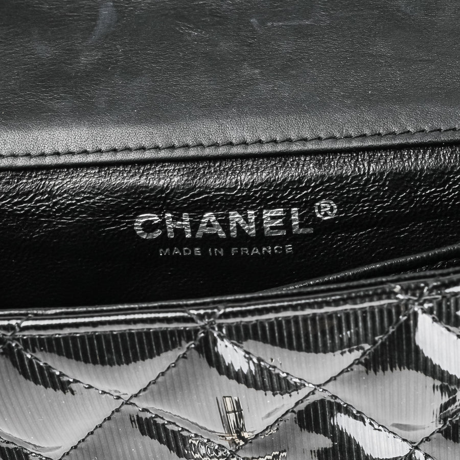 CHANEL Dark Grey Striated Patent Leather Extra Mini Flap Bag