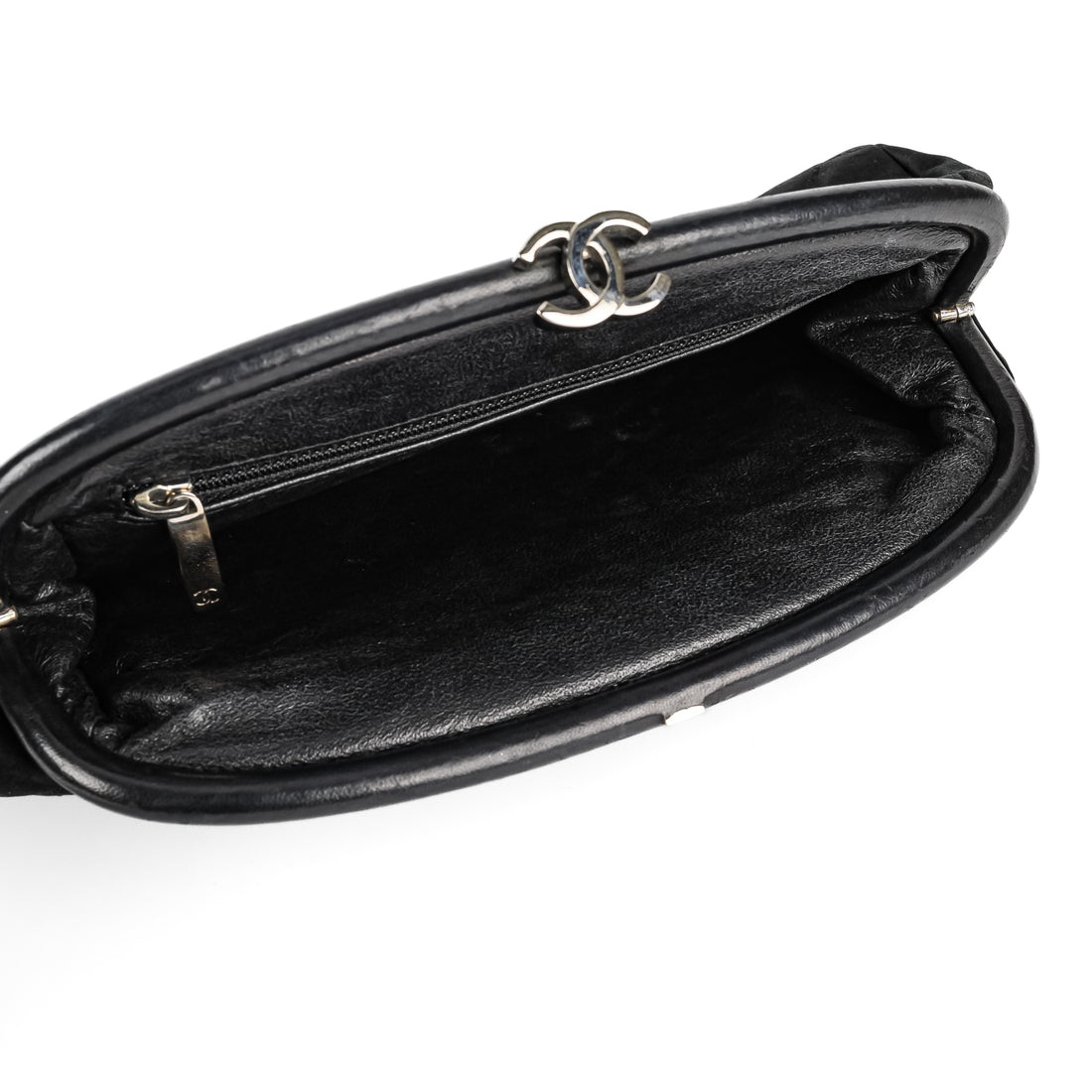 CHANEL Timeless Black Satin Quilted Clutch With Leather Trim