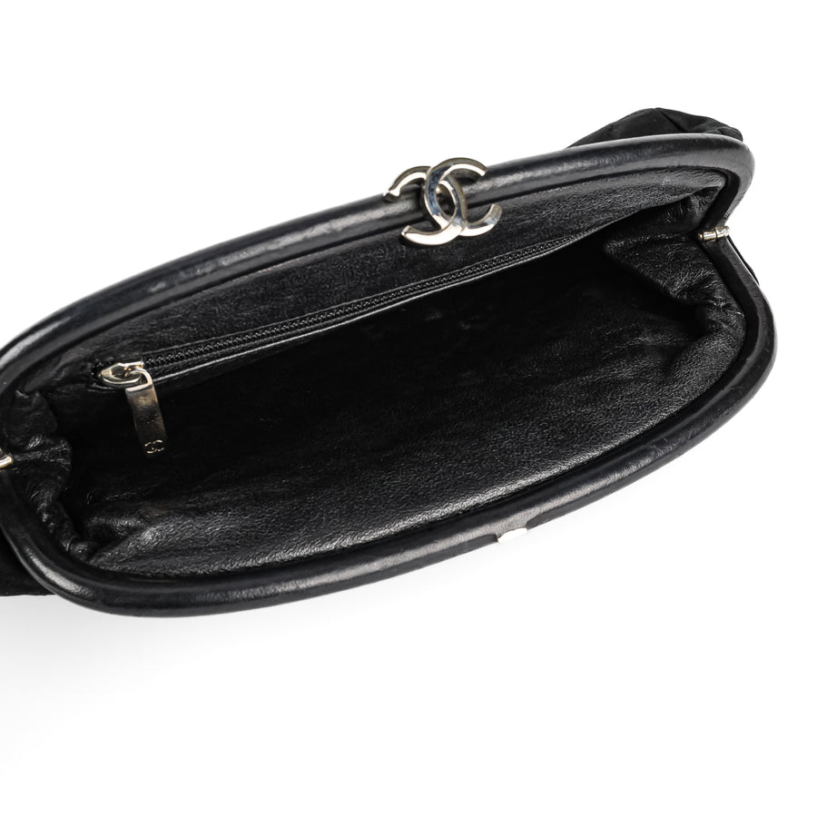 CHANEL Timeless Black Satin Quilted Clutch With Leather Trim