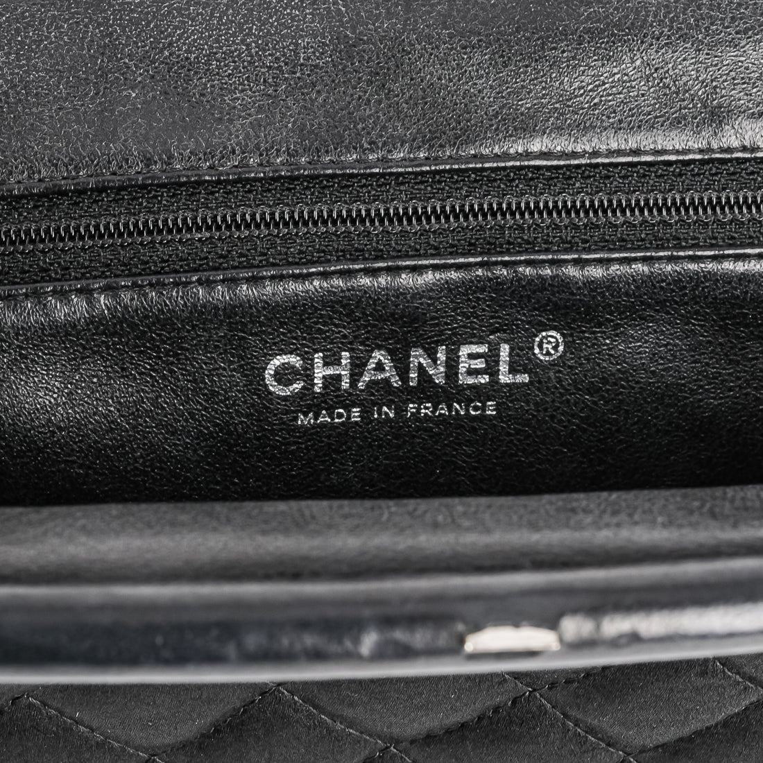 CHANEL Timeless Black Satin Quilted Clutch With Leather Trim