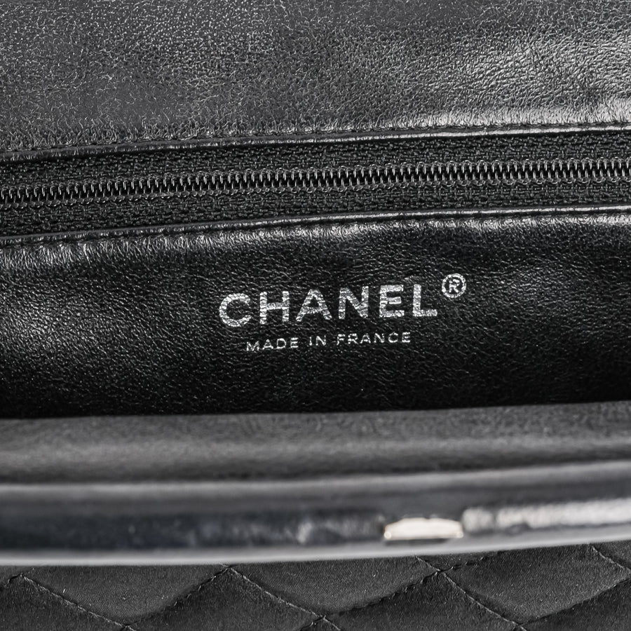 CHANEL Timeless Black Satin Quilted Clutch With Leather Trim