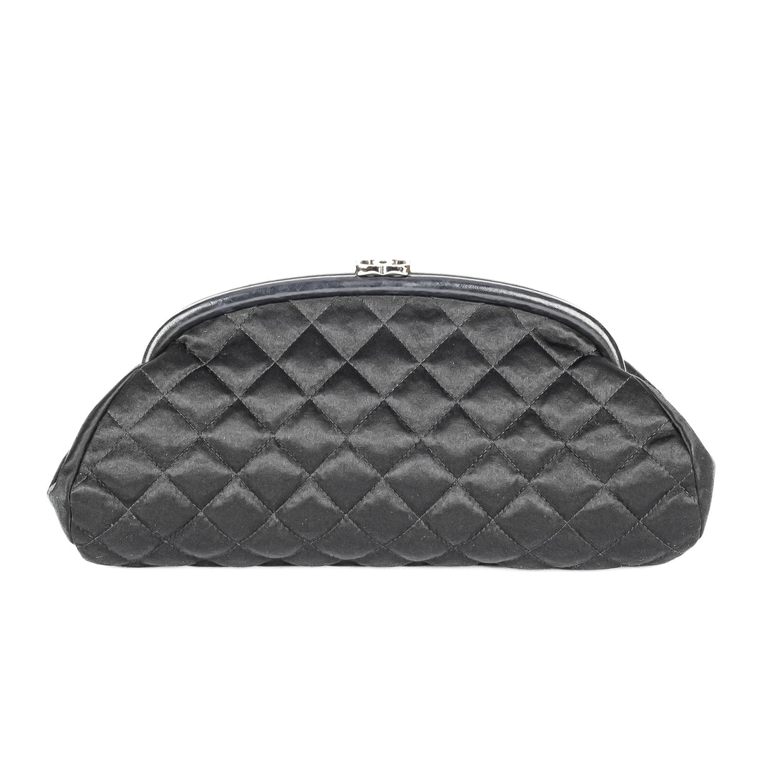CHANEL Timeless Black Satin Quilted Clutch With Leather Trim