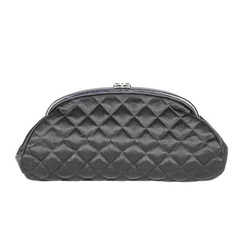 CHANEL Timeless Black Satin Quilted Clutch With Leather Trim