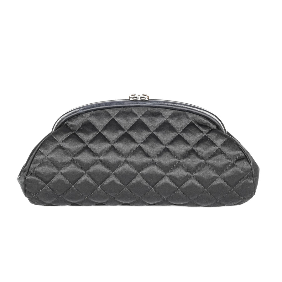 CHANEL Timeless Black Satin Quilted Clutch With Leather Trim