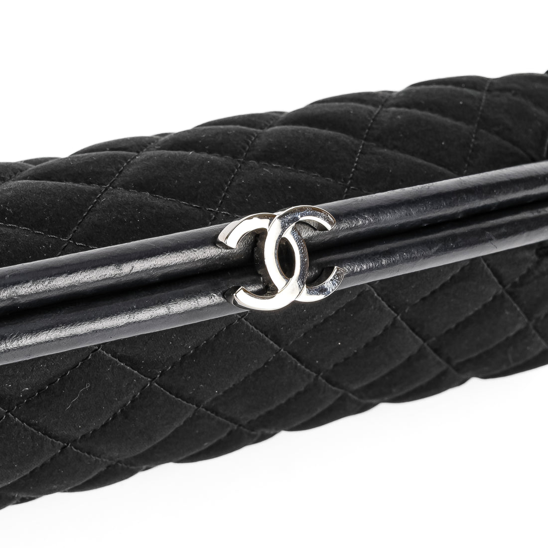 CHANEL Timeless Black Satin Quilted Clutch With Leather Trim