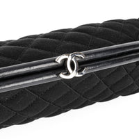 CHANEL Timeless Black Satin Quilted Clutch With Leather Trim