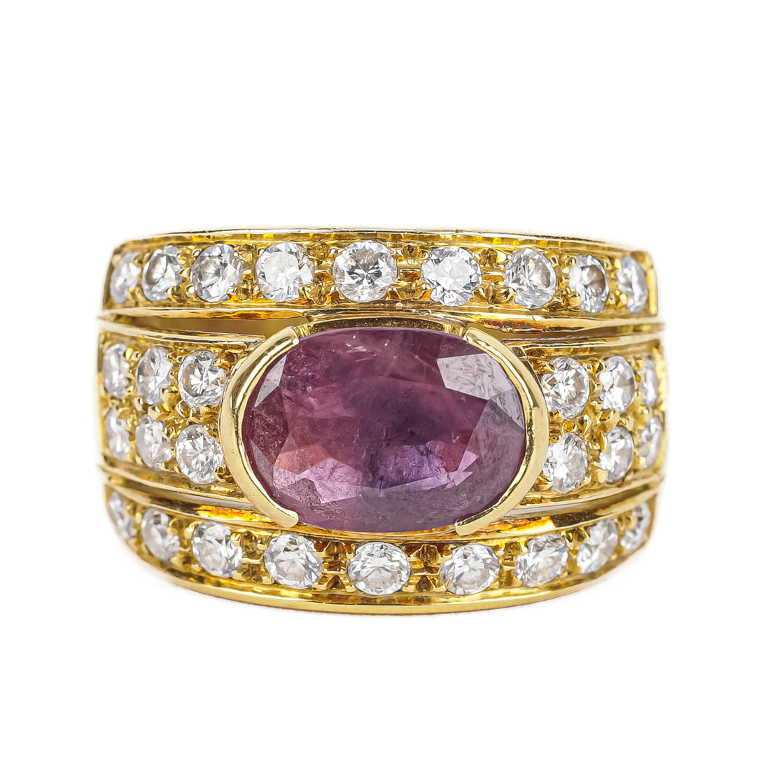 18K Yellow Gold Horizontal Oval Ruby Diamond Ring