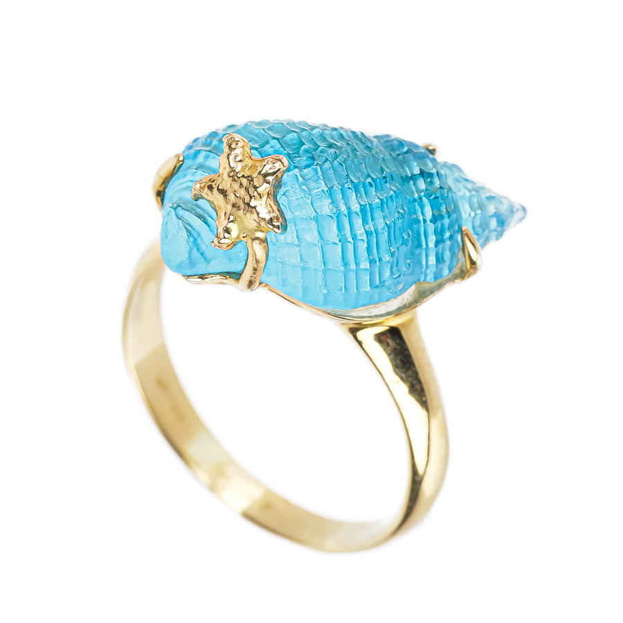 TAGLIAMONTE 14K Yellow Gold Blue Venetian Glass Shell Ring