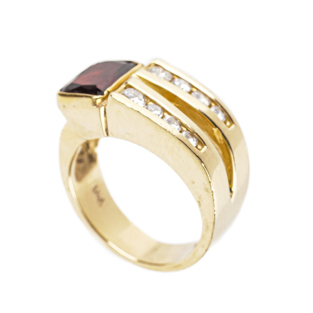 14K Yellow Gold Cut Corner Garnet Diamond Ring