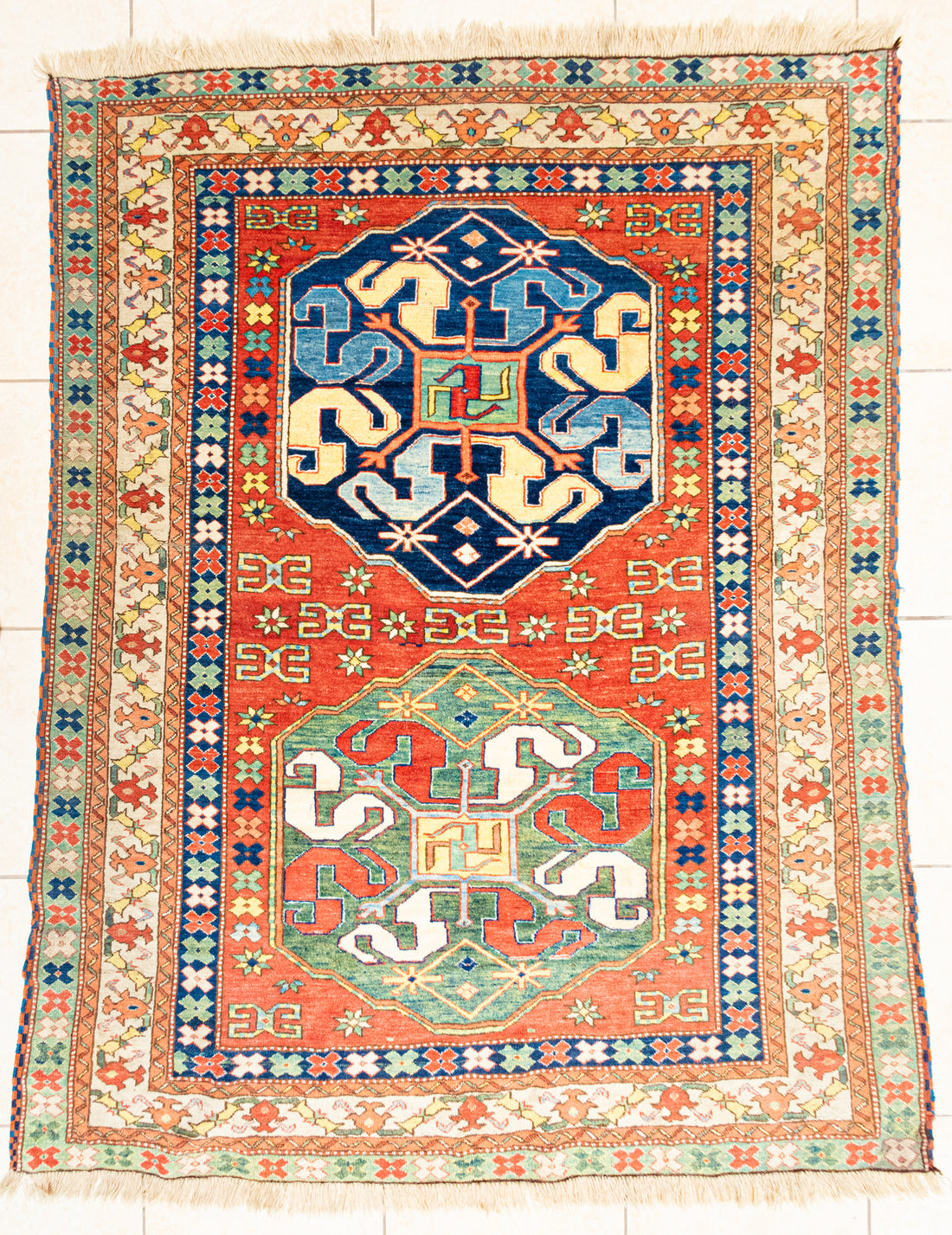 Hand Knotted Wool Caucasian Kazak Cloudband Rug 82"x64"