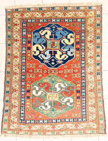 Hand Knotted Wool Caucasian Kazak Cloudband Rug 82"x64"