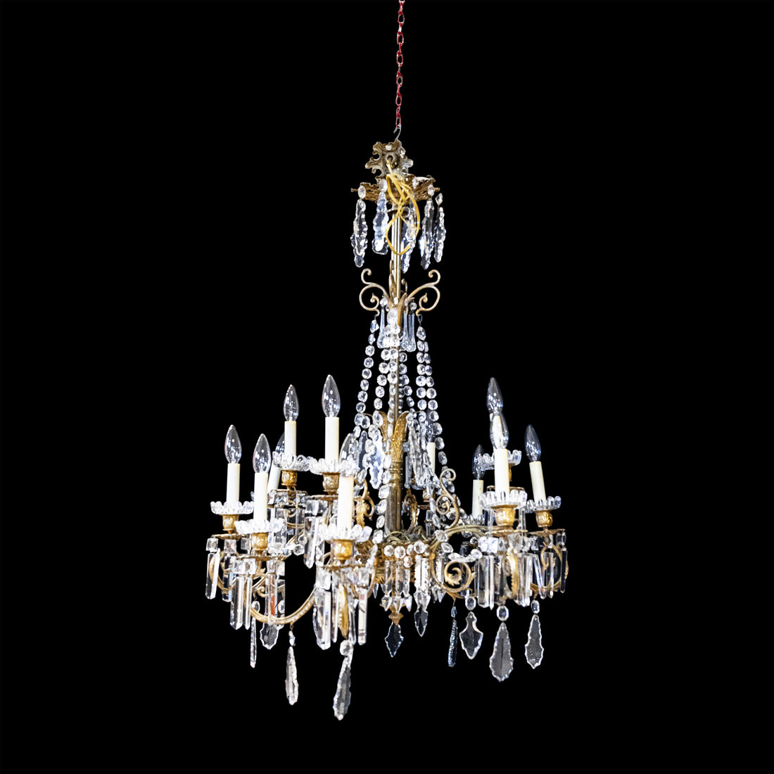 Bronze Ormolu Style 12 Light Chandelier With Drops