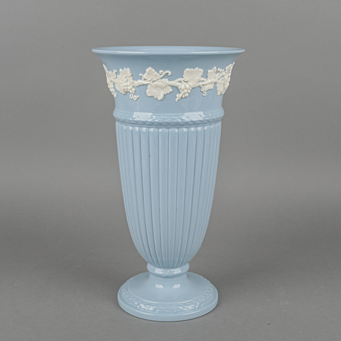 WEDGWOOD White On Blue Embossed Queens Ware Trumpet Vase