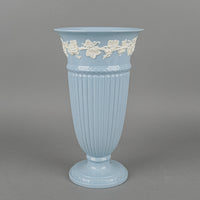 WEDGWOOD White On Blue Embossed Queens Ware Trumpet Vase
