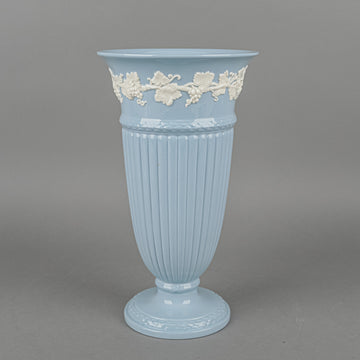 WEDGWOOD White On Blue Embossed Queens Ware Trumpet Vase