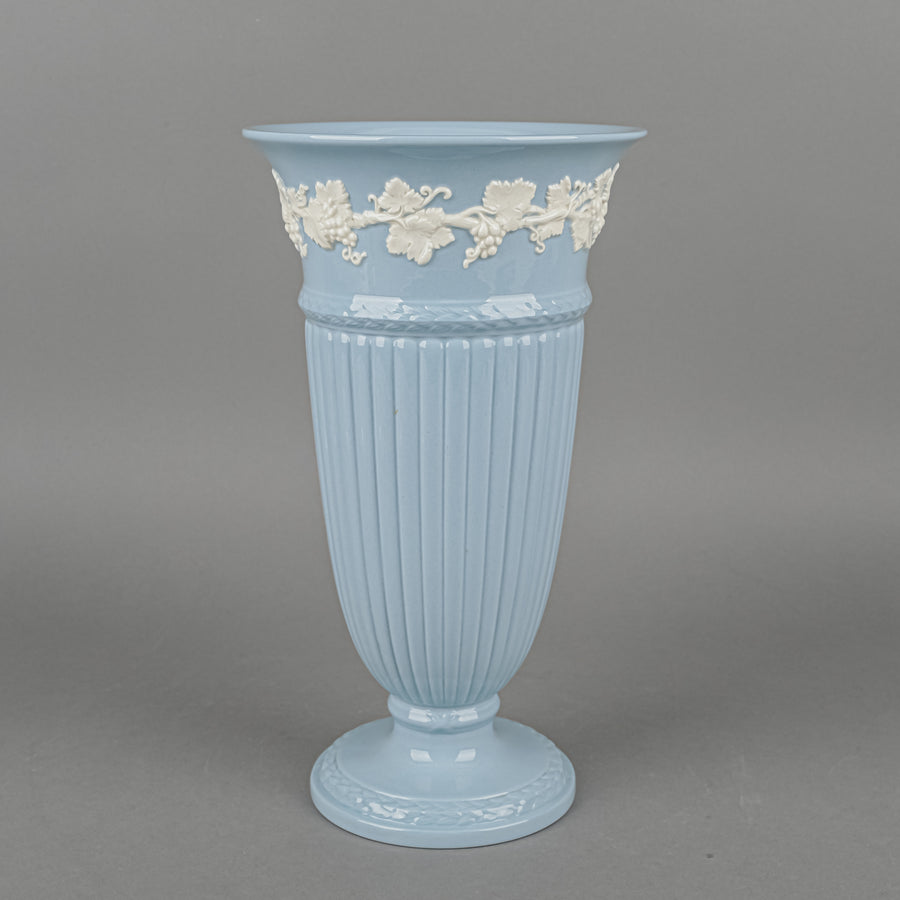 WEDGWOOD White On Blue Embossed Queens Ware Trumpet Vase